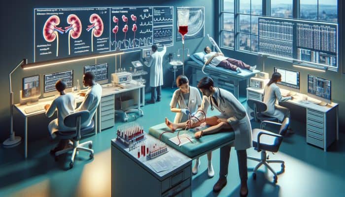 A modern UK hospital lab shows a technician drawing blood, urine analysis, kidney ultrasound, and GFR charts under bright lights.
