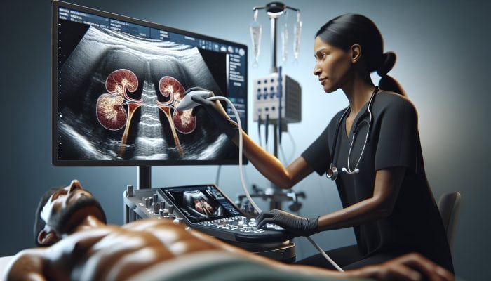 Radiologist performs abdominal ultrasound in UK NHS hospital, displaying detailed kidney images with stones and abnormalities.