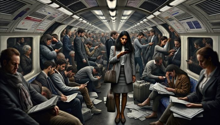 Why Would Cortisol Be High or Low?: Stressed commuter on crowded London Underground, clutching phone and staring blankly, en route to chaotic office desk amid urban anxiety.