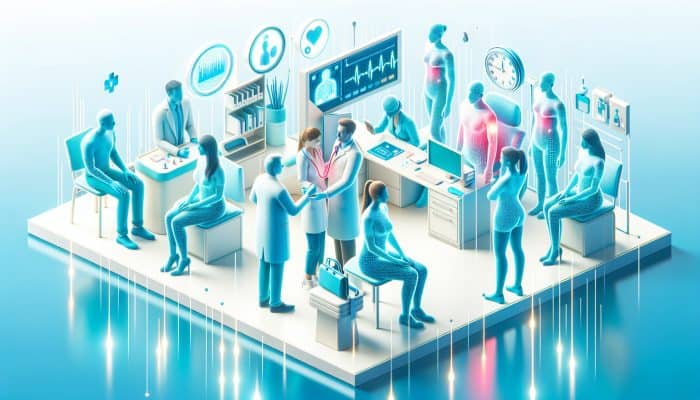 Significance of Preventative Health Checks: A vibrant NHS clinic showcasing a diverse group receiving preventative health checks from friendly doctors using advanced medical tools, highlighting early disease detection and overall wellbeing.