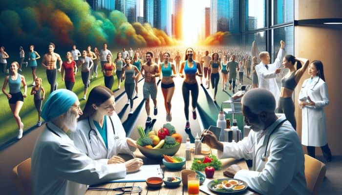 Diverse people at a modern clinic undergoing preventative health checks, then enjoying jogging, healthy meals, and vibrant energy.