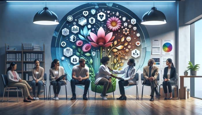 A serene UK clinic scene: a diverse group undergoing mental health screenings with compassionate professionals; flowers and shields symbolise emotional resilience and early anxiety detection.
