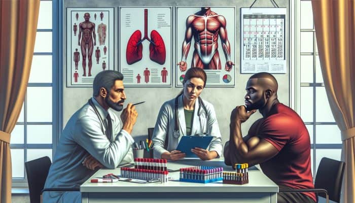 NHS doctor discusses testosterone monitoring with man over 40 and menopausal woman, surrounded by test kits and calendars.