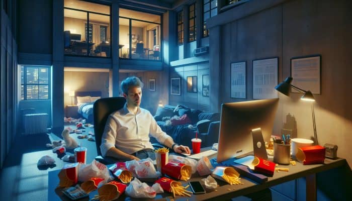 How to Test for Hormone-Related Weight Problems: Stressed UK professional in cluttered London office with fast food wrappers, glowing computer, and dim bedroom, symbolising hormone imbalances.