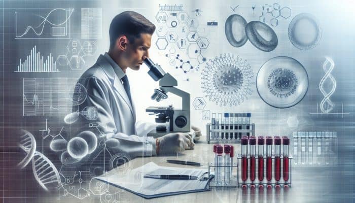 In a lab, a focused scientist in a white coat examines blood samples under a microscope, with charts and diagrams illustrating hormone testing.