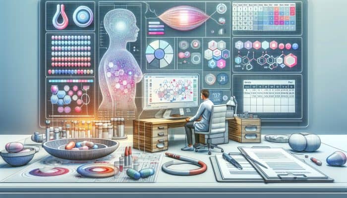 Anxious patient in a modern UK NHS clinic reviews hormone test results on a digital screen, with doctor, lab equipment, and a one-week calendar.