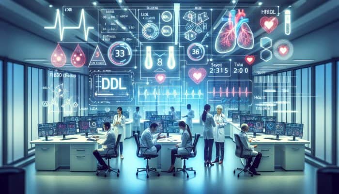 Cholesterol Blood Test in Evesham: Modern medical lab in Evesham: technicians analyse cholesterol blood samples on screens, while patients consult doctors about heart health charts.