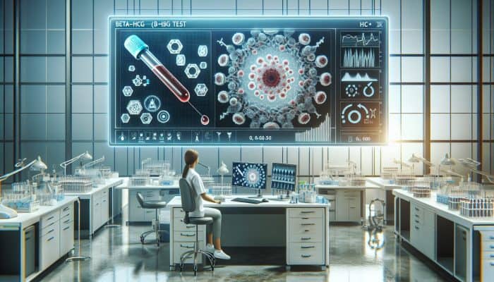 Illustration of the Beta-HCG test: HCG molecule interacting with antibodies in blood, technician analyzing results on a digital screen in a modern lab.
