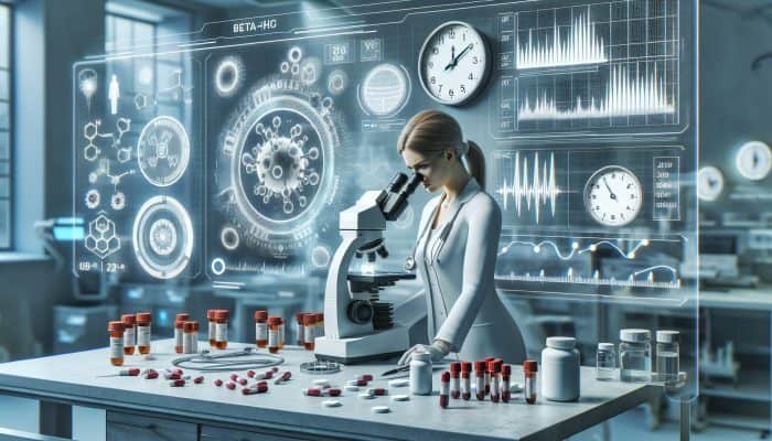 A scientist in a white coat examines a Beta-HCG blood sample under a microscope, surrounded by clocks, pill bottles, and accuracy graphs in a high-tech lab.