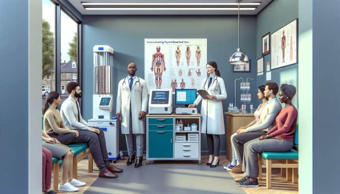 A cozy clinic in Potters Bar where friendly staff assist diverse patients with personalised thyroid tests, emphasizing convenience and modern equipment.