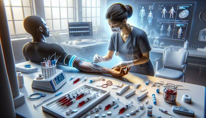 A focused nurse in scrubs draws blood from a patient's arm in a bright clinic, with syringes, test tubes, a glucose monitor, and charts on a sterile table.