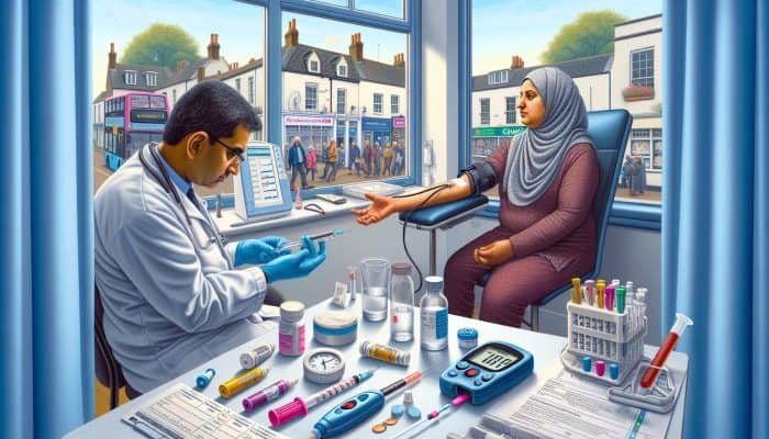 In a bustling Chelmsford clinic, a doctor draws blood for a diabetes test, surrounded by glucose monitors, symptom charts, and a city view.