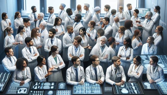 Medical experts in white coats discuss gluten intolerance testing in a modern Carlisle clinic with lab equipment and digital screens.