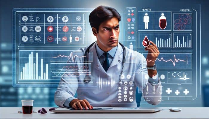 Illustration of a UK doctor in an Aldridge clinic analyzing ferritin test graphs, showing iron levels by age and gender with blood samples and deficiency charts.