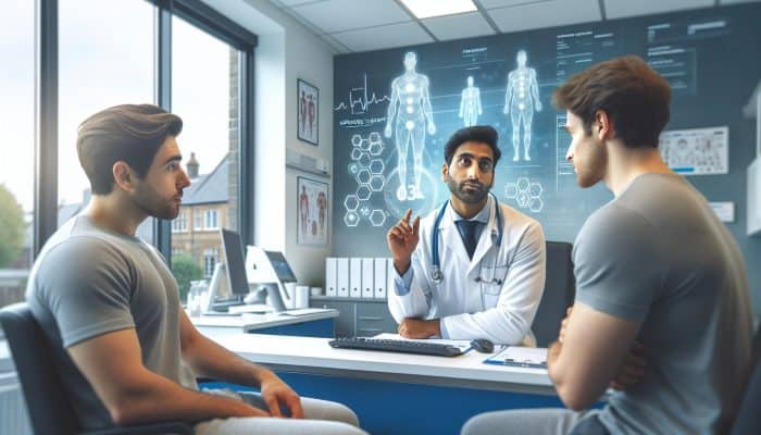 A clinician in a UK NHS clinic discusses testosterone test results with a patient, showing hormone therapy options on a screen.