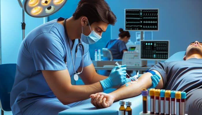 A medical professional in blue scrubs performs venipuncture on a patient's arm in a sterile Gosport clinic, surrounded by testing equipment.