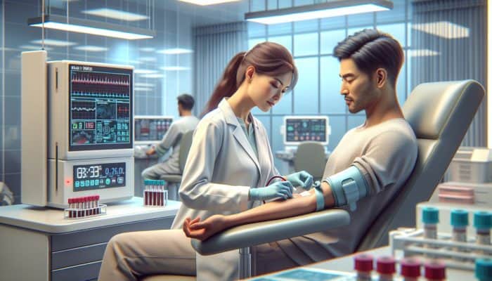 Lab technician drawing blood for AMH test in a modern UK clinic with high-tech equipment and NHS logos.