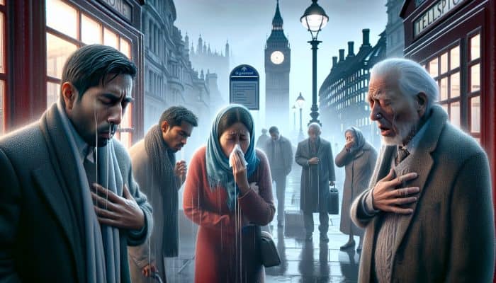 Illustration of diverse people on a rainy London street showing symptoms like coughing, fever, and fatigue, with NHS posters and Big Ben.