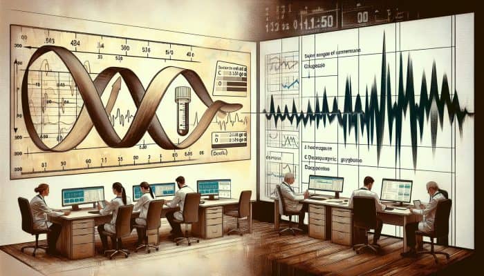 Split image: Left, stable timeline graph of HbA1c in a modern UK lab; right, jagged line for fasting glucose with doctors consulting.