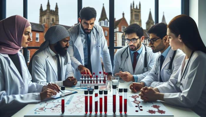 Focused medical experts in a modern Hitchin lab examine cholesterol test tubes, digital charts, and models, with historic buildings visible through the window.