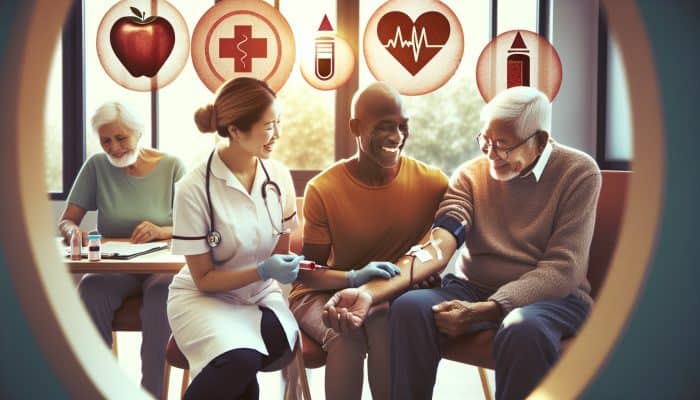 In a warm UK NHS clinic, a compassionate nurse draws blood from a smiling elderly patient, surrounded by health posters on early detection.