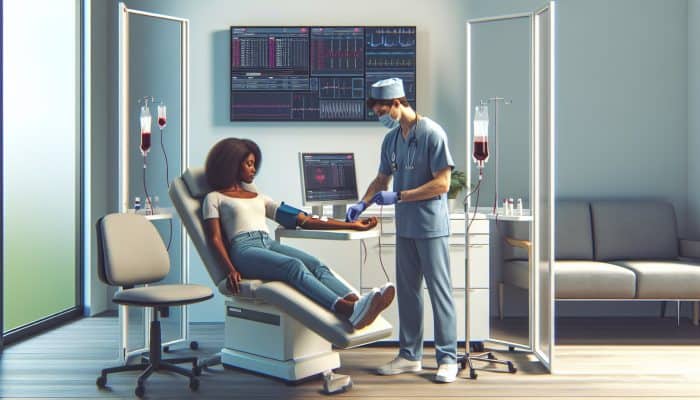 In a serene UK GP surgery, a compassionate nurse draws blood from a relaxed patient, with modern equipment and privacy screens for comfort.