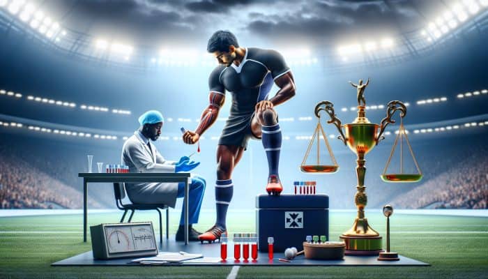 Testosterone Blood Test in Rugby: A determined rugby player in a UK stadium gets a testosterone blood test; a doctor, balanced scale, and Premiership trophy symbolize fair play under lights.