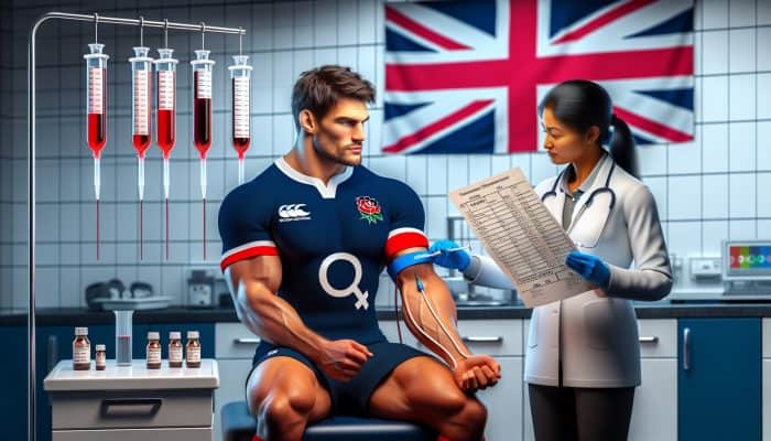 A determined UK rugby player in a sterile lab undergoing a testosterone blood test, with a doctor reviewing hormone charts amid gear and Union Jack flags.