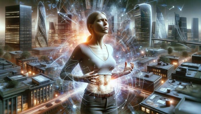 A stressed UK woman in London's skyscrapers, with glowing particles symbolising cortisol, showing midsection weight gain.