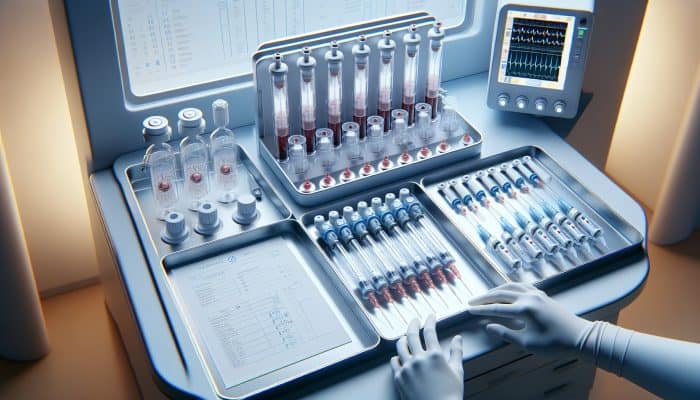 A sterile medical tray in a bright lab displays syringes, needles, and vacuum-sealed tubes for efficient liver blood tests.