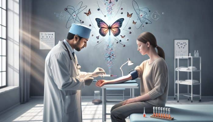 Thyroid Blood Test in Worksop: In a modern NHS clinic in Worksop, a healthcare professional draws blood from a patient's arm for a thyroid test, with thyroid health posters and soft lighting.