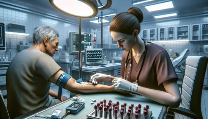 A nurse in scrubs draws blood from a patient's arm using a syringe, with HbA1c test kits and lab equipment displayed on a sterile table.