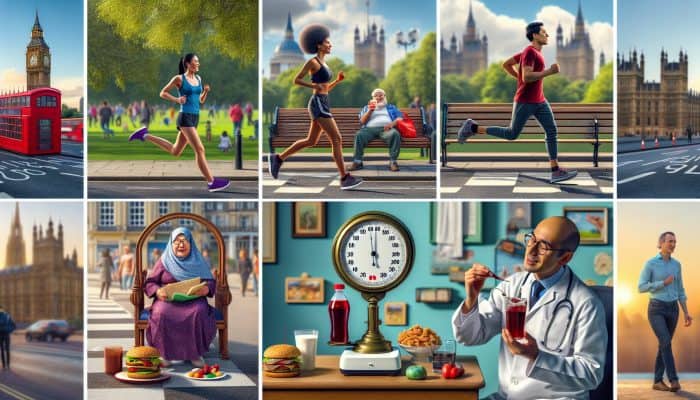 In a lively UK city park, diverse individuals are depicted: one jogging, another indulging in fast food, a third on a scale, and a doctor reviewing HbA1c charts.