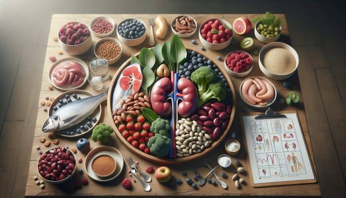 A vibrant still life of fresh berries, leafy greens, grilled fish, whole grains, legumes, and turkey on a wooden table, symbolizing kidney health.