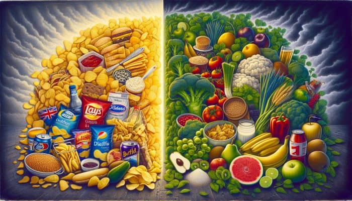 A split scene: greasy British crisps and fatty ready meals with ominous glow, contrasted by vibrant fruits, vegetables, and whole grains for healthier triglyceride control.