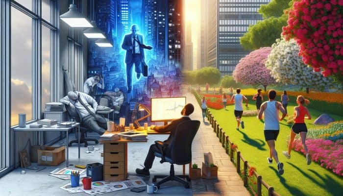 Busy UK office worker slouched at cluttered desk with screen and mug, contrasted by them walking briskly in a vibrant park with blooming gardens and joggers.