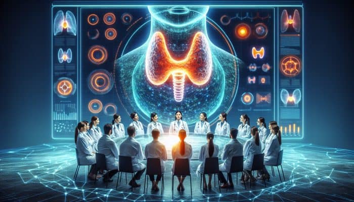 Diverse medical experts in white coats view a holographic thyroid gland with fluctuating hormone graphs in a modern lab.