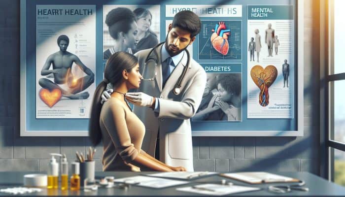 In a modern UK clinic, a thyroid specialist examines a diverse patient with advanced tools, amid posters on health risks and an NHS support group discussing awareness.