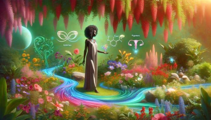 Illustration of a woman in a blooming garden with estrogen and progesterone streams, intertwined with thyroid icons, symbolizing menstrual cycle balance.